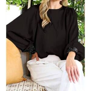 NEW VINE & LOVE sequin cuff satin blouse in black